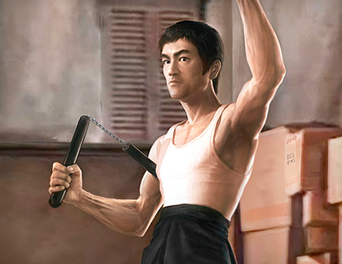 Bruce Lee as Tang Lung posing with one arm raised and other arm clutching nunchaku in classic scene from The Way of the Dragon movie tribute poster illustration
					by Marten Go aka MGO