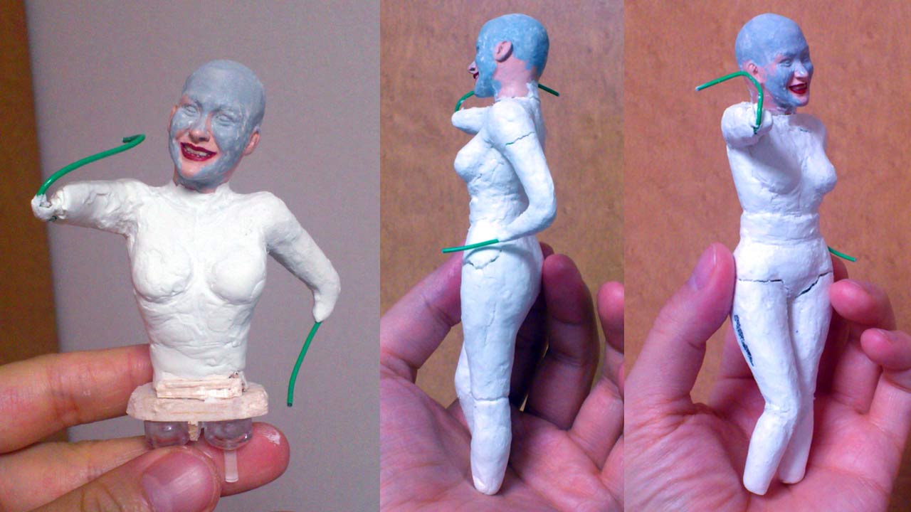 Three images side by side by side of close up and fully body shots of miniature statue with gray primer painted head and stone clay body and green wire armature