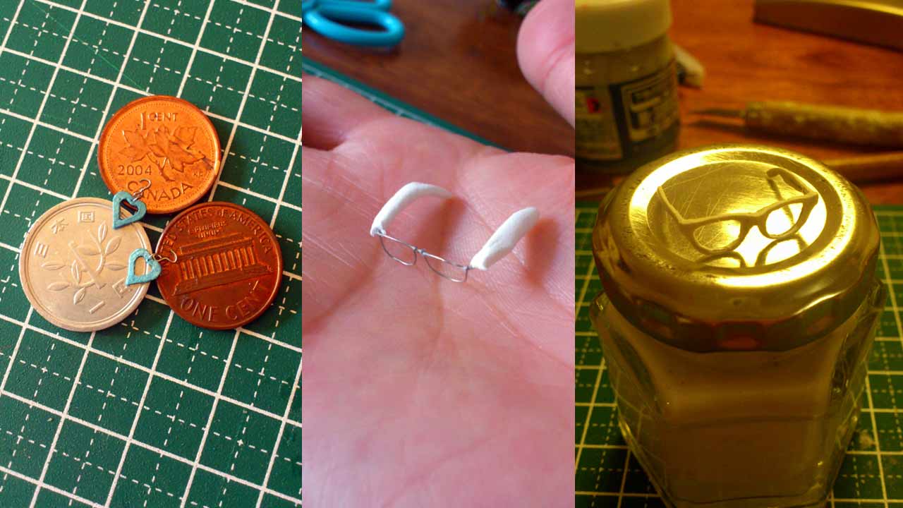 Three images in an extreme close up of accessories such as light blue heart ear rings and wireframmed sunglasses coated in stone clay