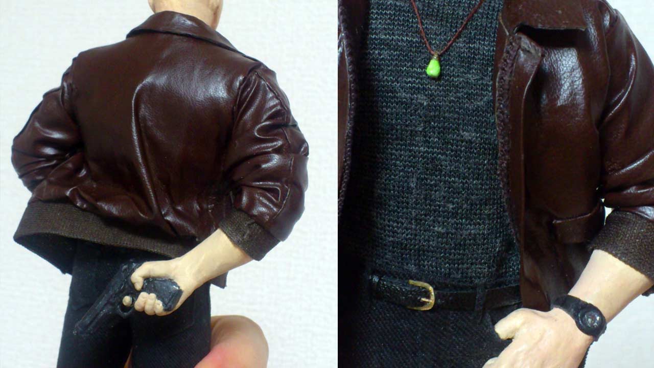 Two Medium close up images side by side of Marten Go's fingers holding the miniature torso without hands with well defined head with cigar in mouth