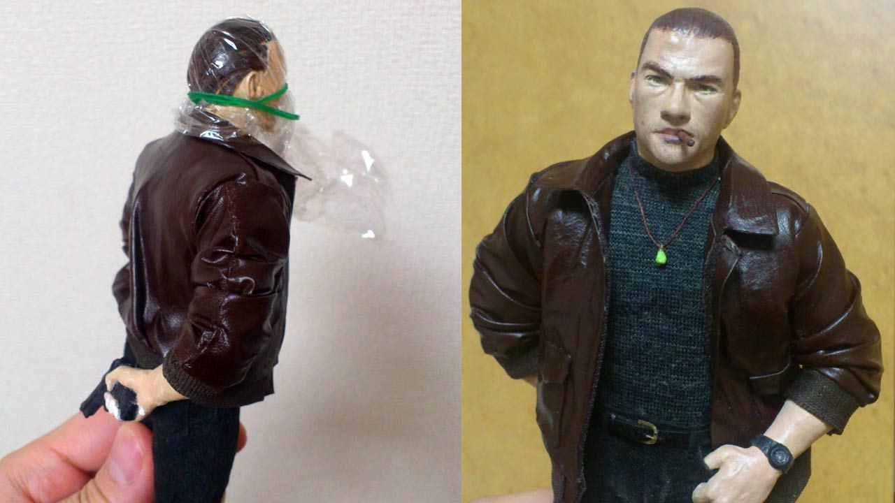 Two images side by side in a medium close of the miniature statue from the torso of the saran wrapped head with a hairpiece and a front shot of the character Alex Wagner with painted face, hair, a jade necklace and watch