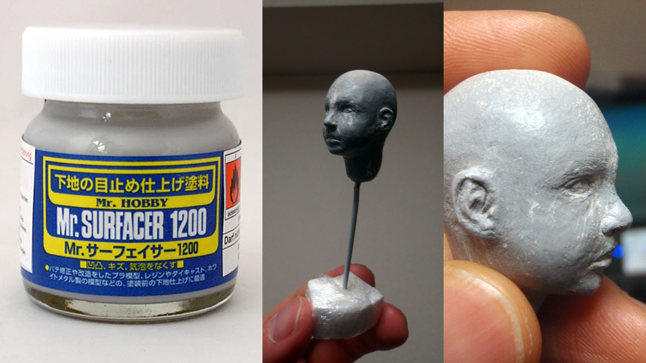 Three close up images side by side by side of the miniature head and jar of Mr.Surfacer 1200