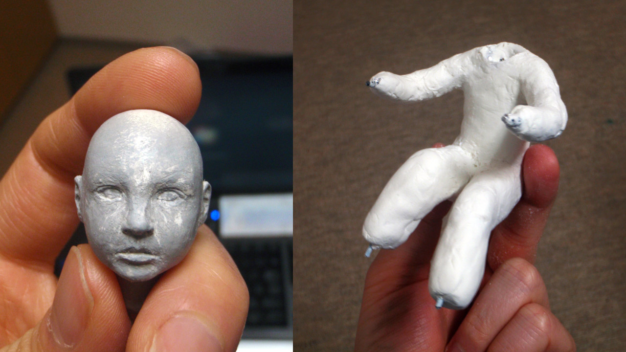 Two close up images of refined primed clay head and clay figure of headless body