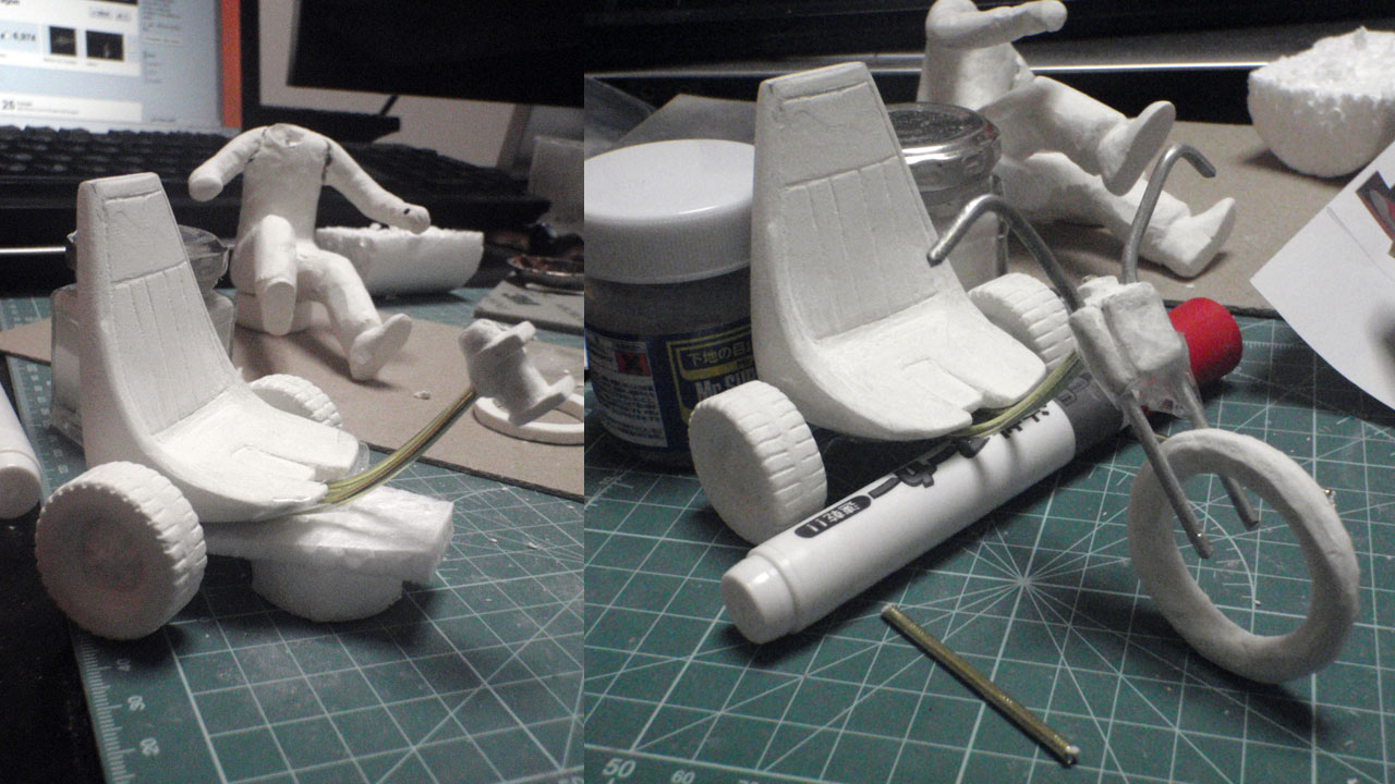Two close up images tricycle getting assembled
