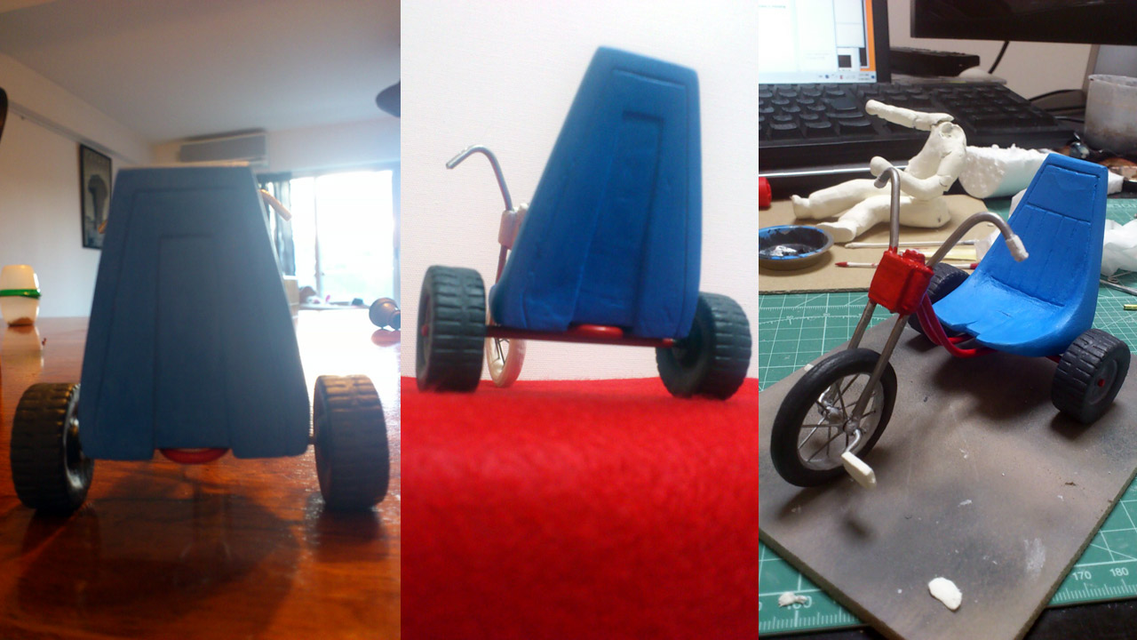 Three images of miniature tricycle painted
