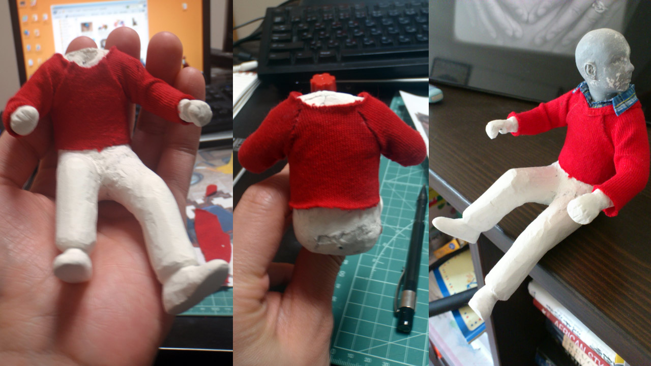 Three images in close up of clay statue in a red sweater