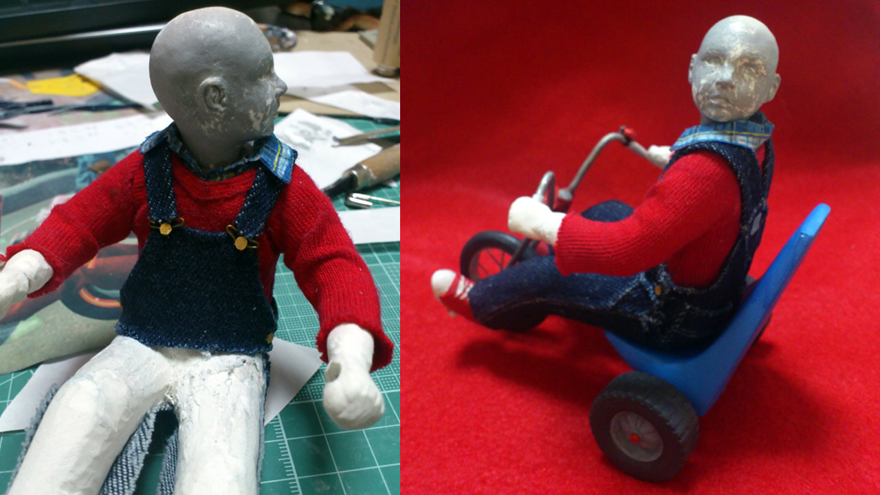 Two images side by side of miniature statue in red background