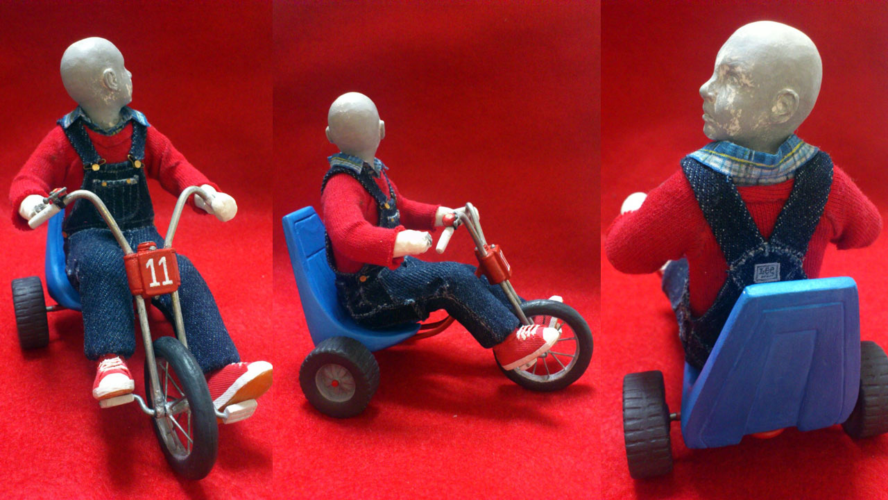 Three images in full body shot of miniature statue in red background