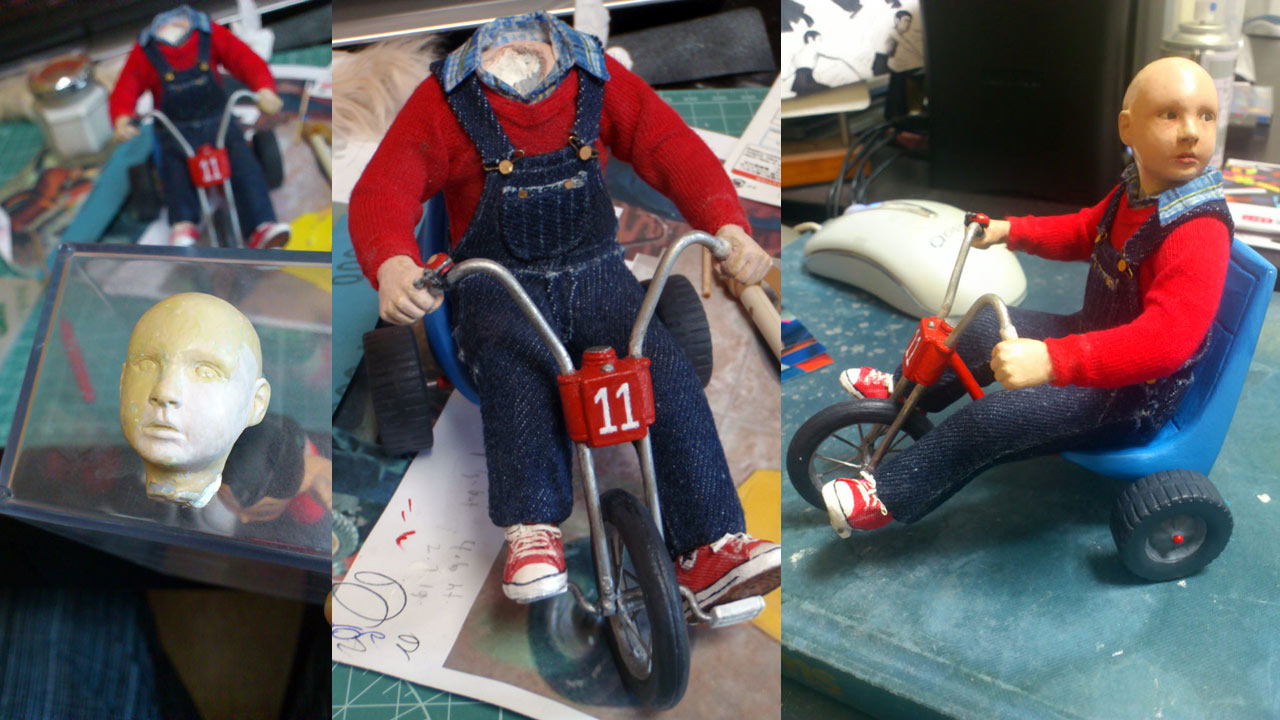 Three images side by side of miniature statue in various work in progress