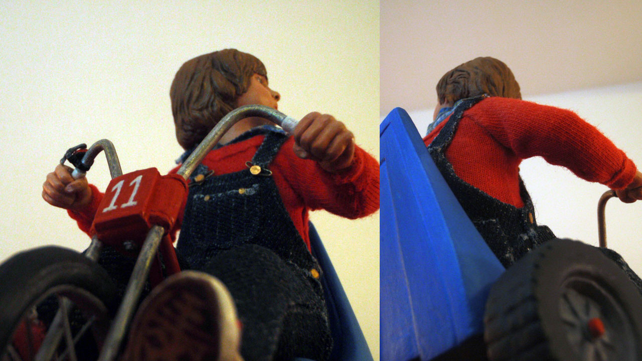 Two images up close of the completed miniature statue of Danny Torrance in various angles on base