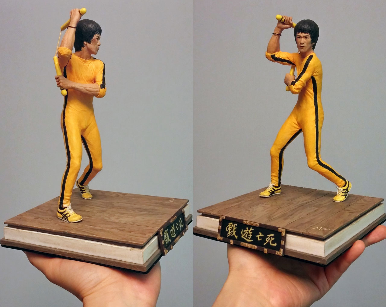 Two full body images of the completed miniature statue Hai Tien of Game of Death with nunchaku and base