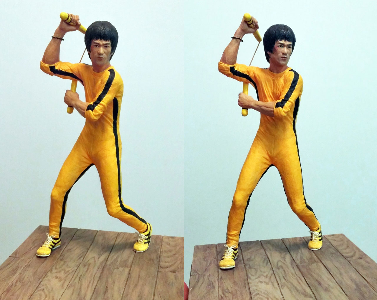 Two full body images of the completed miniature statue Hai Tien of Game of Death with nunchaku and base
