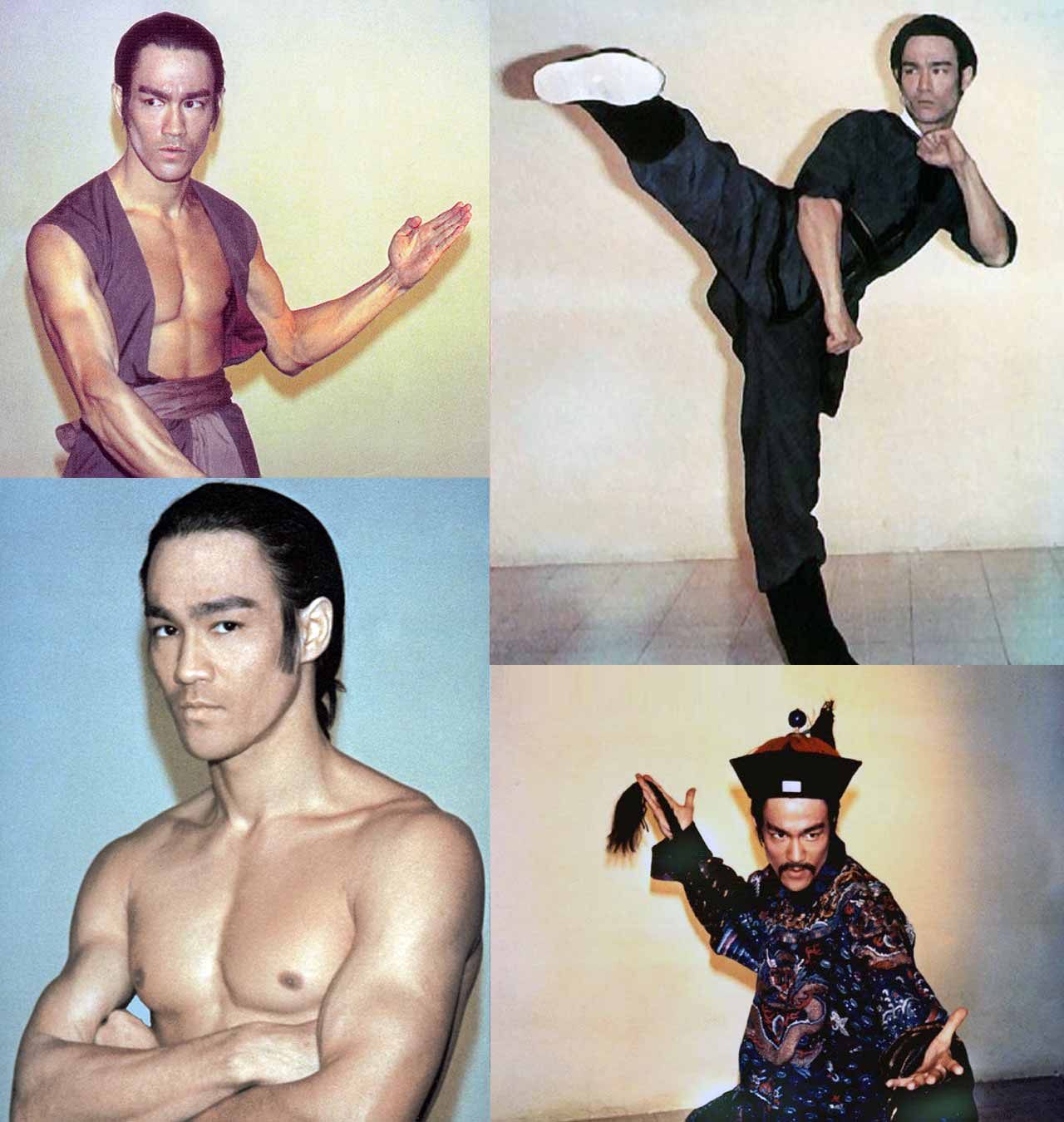 Black and white collage of Bruce Lee in ancient Chinese costumes