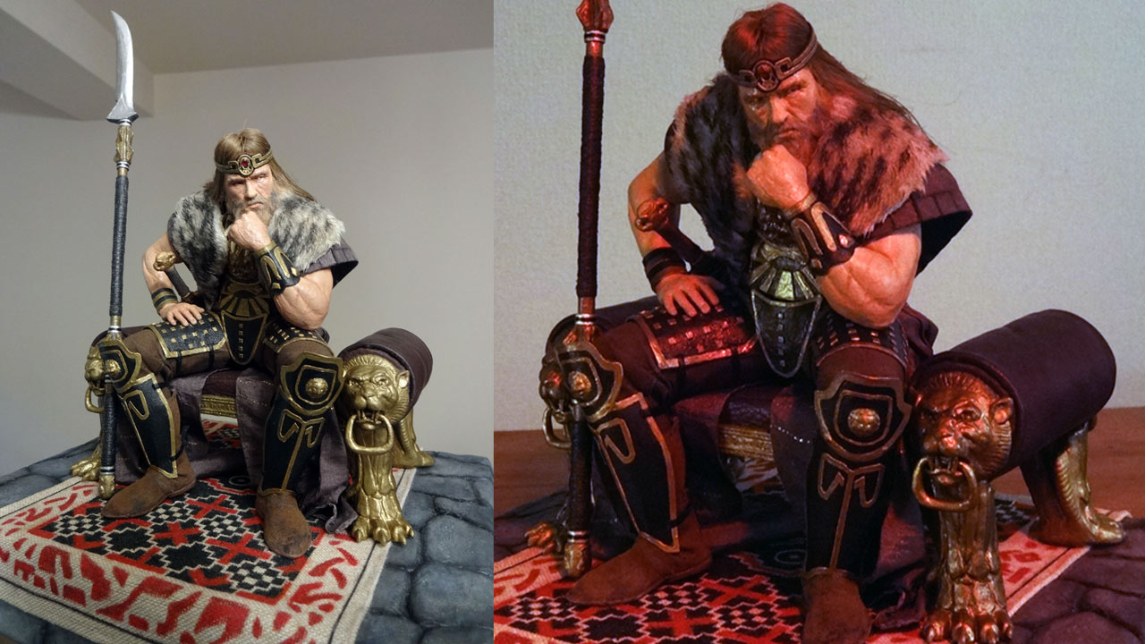 Two shots in full body view of miniature statue King Conan seated on mini throne and rug of base