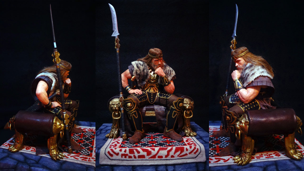 Three images side by side by side in full body shots of the completed miniature statue of King Conan in various angles on base