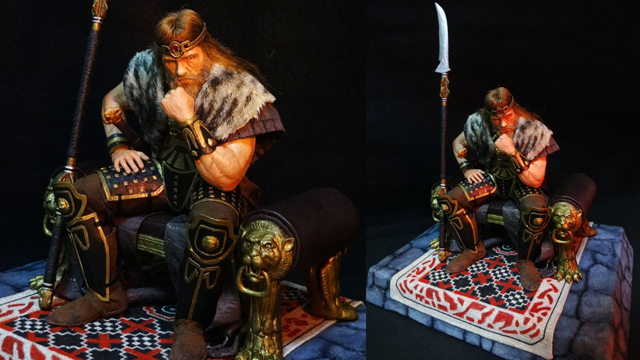 Two images side by side in full body shot with base of the completed miniature statue of King Conan