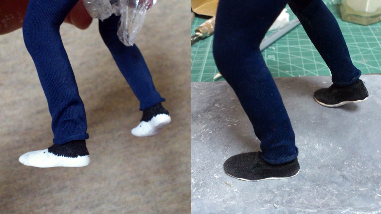 Two close up images side by side of the miniature statue's feet in clay and then with finished handmade kung fu slippers