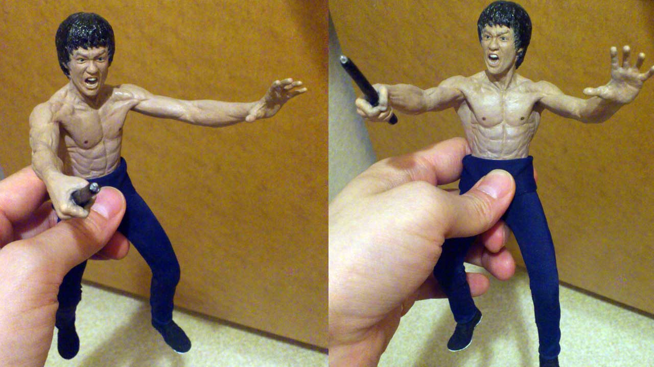 Two images side by side showing full body shot with hair painted black and arms, torso and face completely painted except eybrows