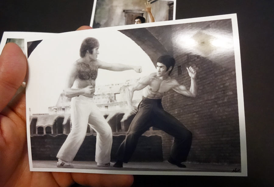 Bruce Lee vs Chuck Norris tribute painting as postcard print by Marten Go aka MGO