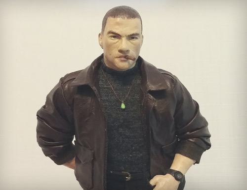 Jean Claude Van Damme as Alex Wagner in Double Impact as the street savy twin wearing brown leather jacket and smoking cigar a work in progress statue by Marten Go aka MGO