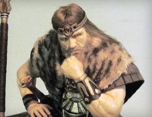 Arnold Schwarzeneggar as King Conan in Conan the Barbarian resting bearded chin on fist statue by Marten Go aka MGO