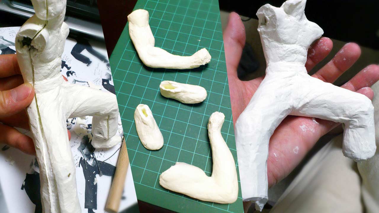 Three images side by side by side in full body shots of statue split down the sides for hollowing out purpose and then repaired, the middle shot is the arms and feet that were repaired after the hollowing out process