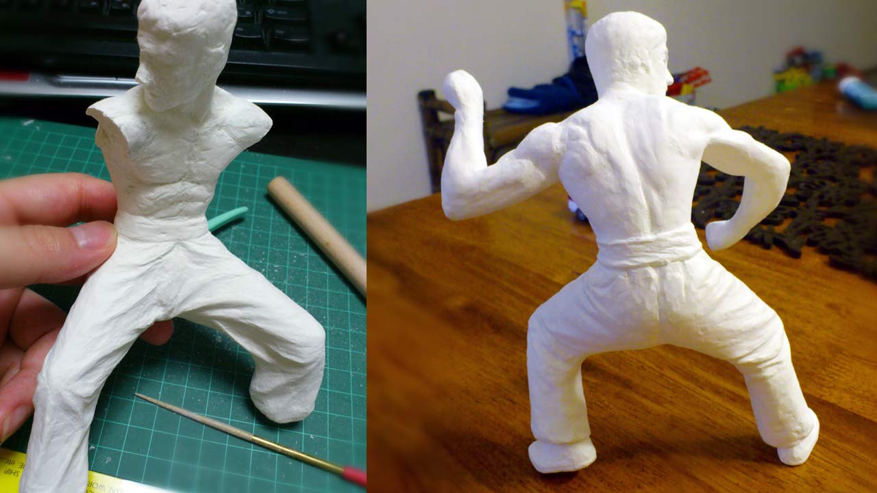 Two images side by side of the miniature statue armless and without feet the other shot is a rear shot of full statue posing and standing on its own