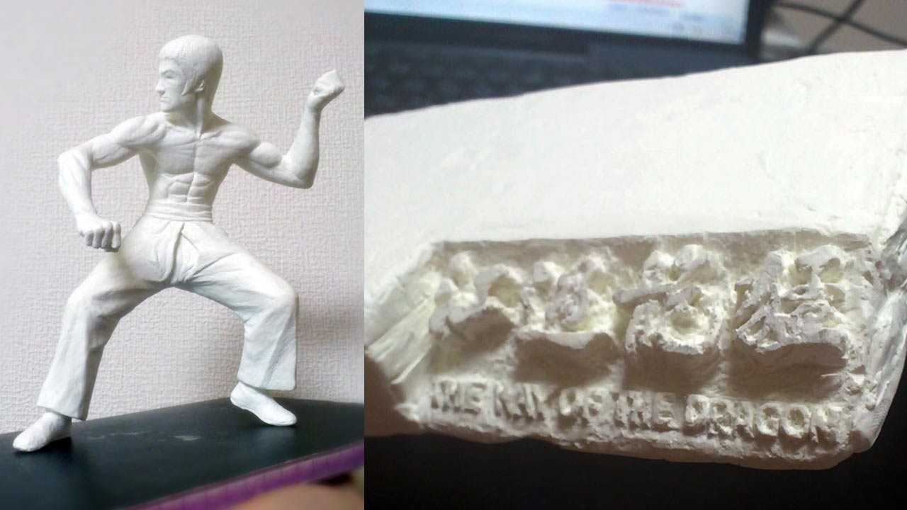 Two images side by side of fully sculpted miniature statue of Tang Lung from The Way of the Dragon and the base which it will stand on a close up on the clay movie title