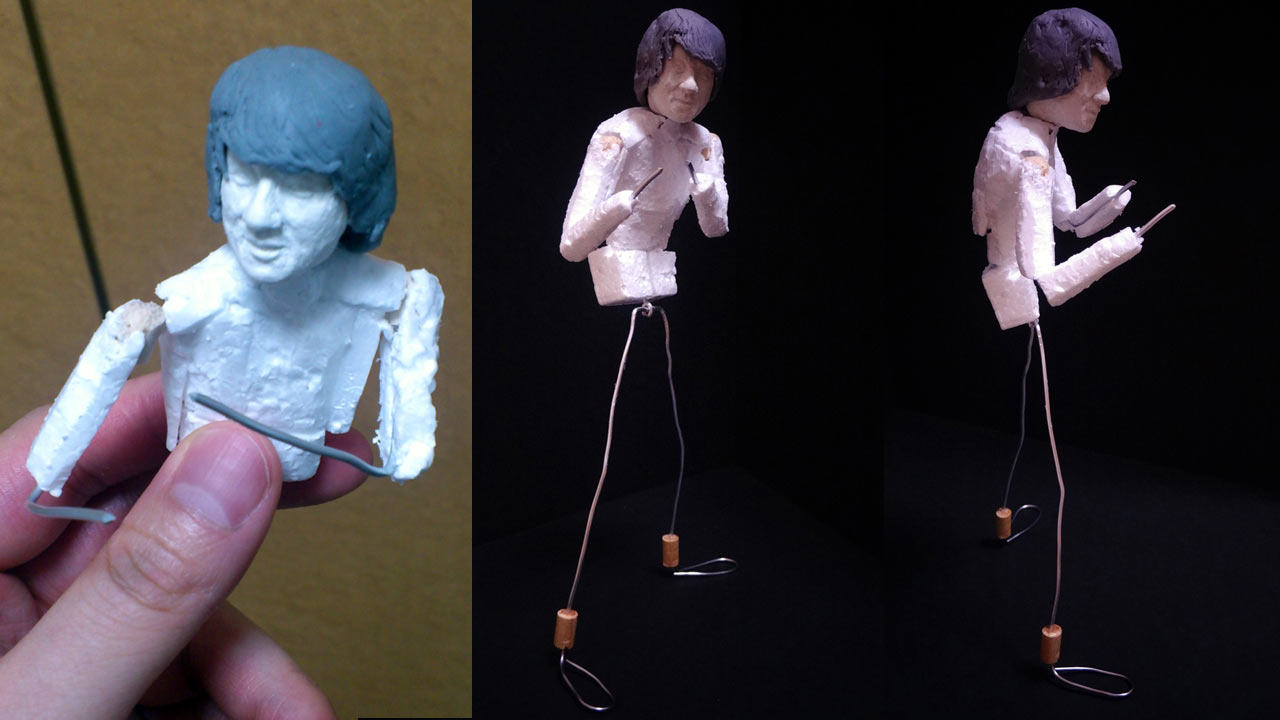 Three images side by side by side by side of the miniature torso of statue coated in styrofoam and limbs made of aluminum wires