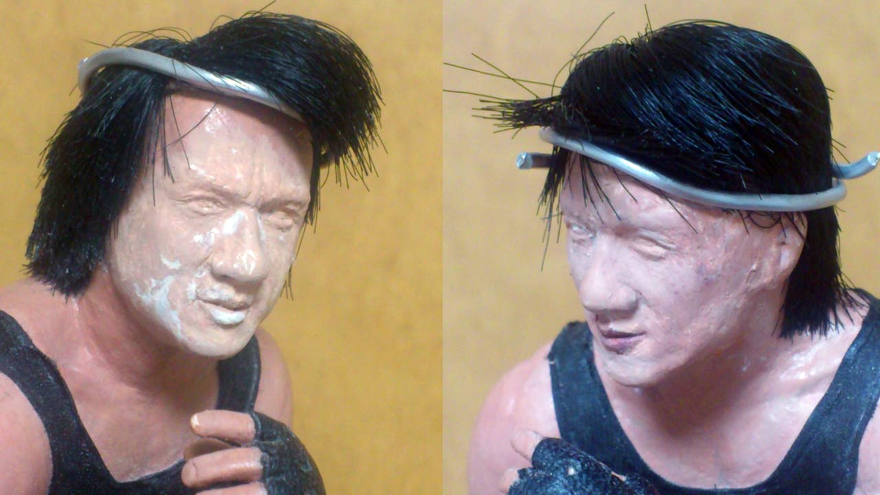 Two images side by side showing revision work on face and hairpiece with aluminum wire