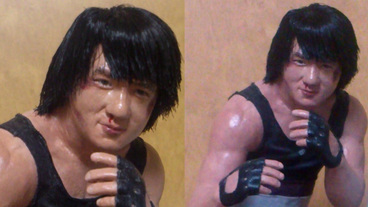 Two close up images side by side of the miniature torso with aluminum wire wrapped around forehead to style hair and clay on face and hand for revision the other image shows the completed statue with some face damage