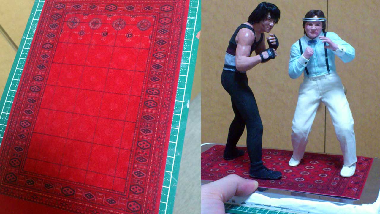 Two images side by side in a close up shot of miniature statue Thomas from the movie, Wheels On Meals